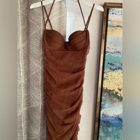 Oh Polly Batch A Brown Dress Size 0 Ruched Lined NEW - Picture 4 of 13
